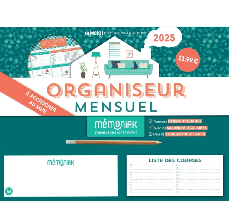 Organiseur familial Mémoniak calendrier mensuel à accrocher, sept. 2024- déc. 2025 - XXX - 365 PARIS