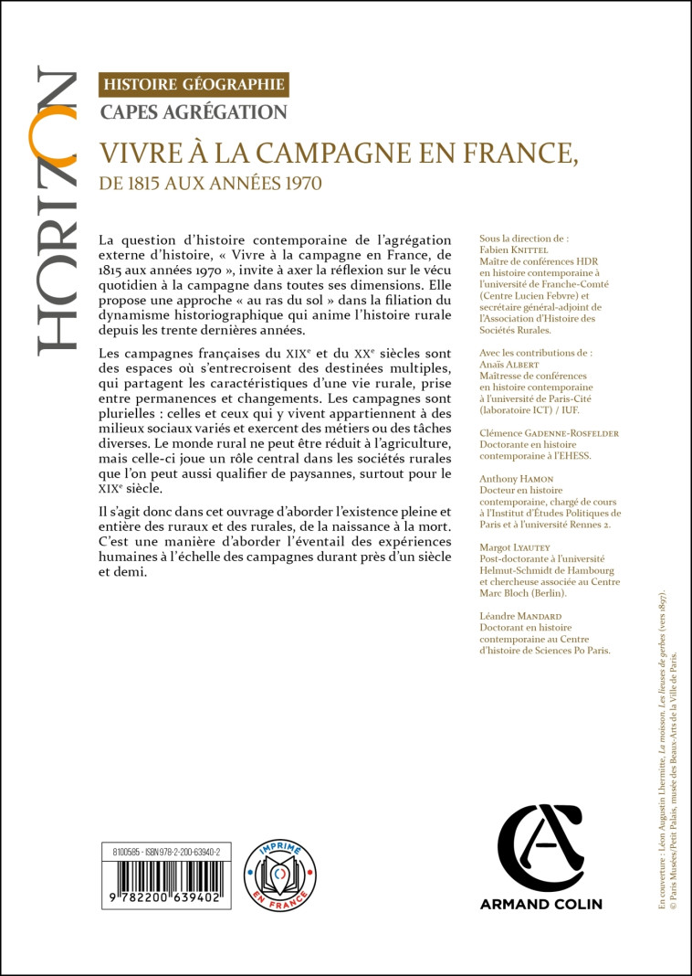 VIVRE A LA CAMPAGNE EN FRANCE, - Fabien Knittel - ARMAND COLIN